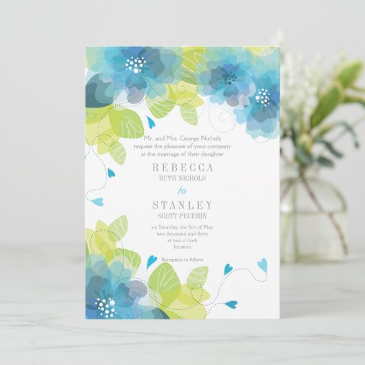 Delicate blauwe bloemen bloemlentebruiloft kaart (Staand voorkant)