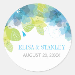 Delicate blauwe bloemen bloemlentebruiloft ronde sticker