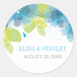 Delicate blauwe bloemen bloemlentebruiloft ronde sticker