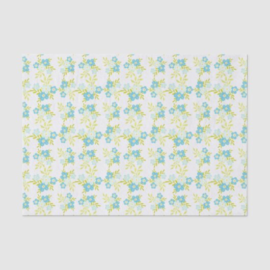Delicate blauwe bloemen groene bladeren op wit tissuepapier (Voorkant)