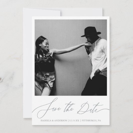 Delicate Blauwe Bloemen Kalligrafie Foto Save The Date (Voorkant)