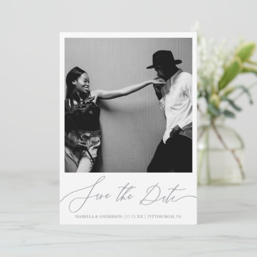 Delicate Blauwe Bloemen Kalligrafie Foto Save The Date (Staand voorkant)