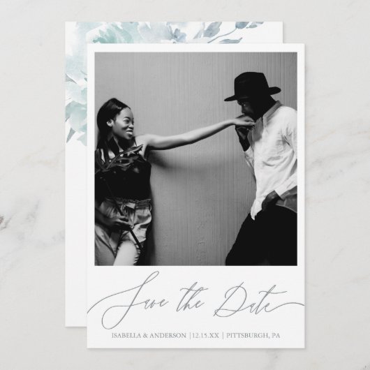 Delicate Blauwe Bloemen Kalligrafie Foto Save The Date (Voorkant / Achterkant)