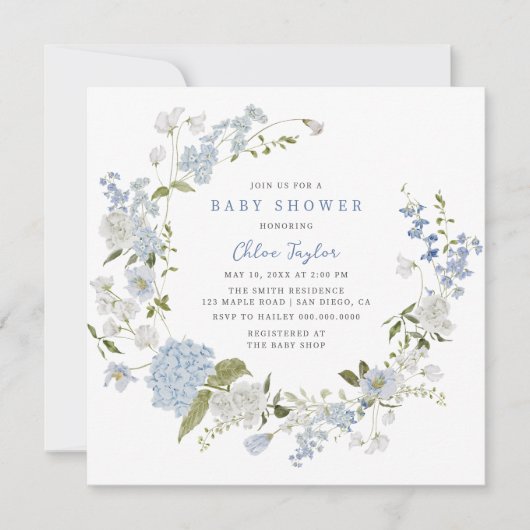 Delicate Blauwe Bloemen Krans Baby shower Uitnodig Kaart (Voorkant)