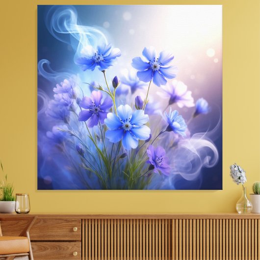 Delicate blauwe bloemen met etherische mist canvas afdruk (Insitu (Woonkamer))