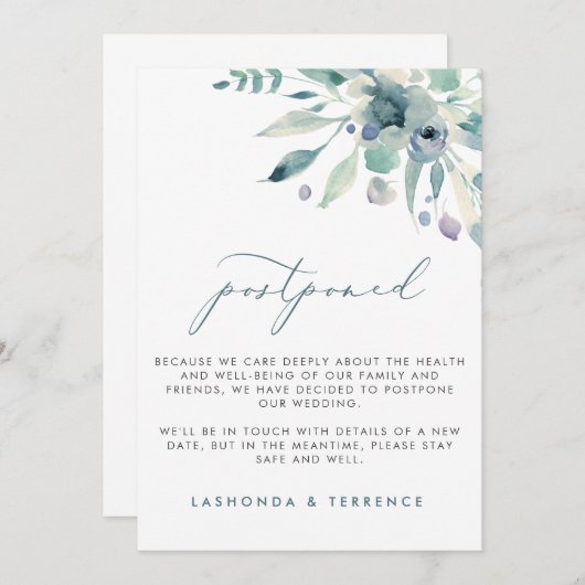 Delicate Blauwe Bloemige Uitstel Trouwdatum Aankondiging (Voorkant / Achterkant)