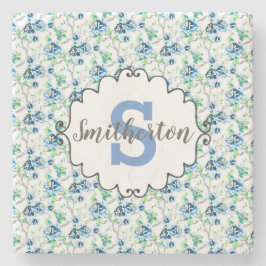 Delicate blauwe en witte bloemrijke monogramsteen stenen onderzetter