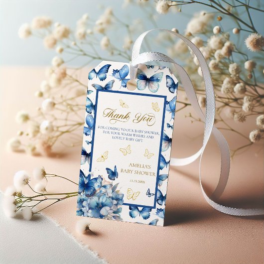 Delicate Blauwe Vlinder Baby in Bloom Dank je wel Cadeaulabel