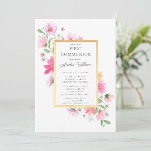 Delicate bloemblaadjes eerste communie kaart (Staand voorkant)