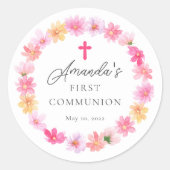 Delicate bloemblaadjes Eerste Heilige Communie Ronde Sticker (Voorkant)