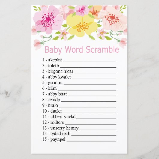 Delicate bloemen Baby word scramble game (Voorkant)
