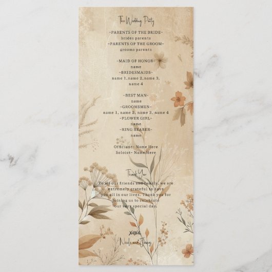  Delicate Bloemen Botanische Boho Bruiloft Programmakaart (Achterkant)