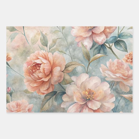 Delicate Bloemen  Geïnspireerd Pastel Waterverf Inpakpapier Vel (Voorkant)