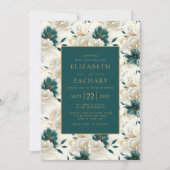 Delicate Bloemen Ivoor Blauwgroen Goud Bruiloft Kaart (Voorkant)
