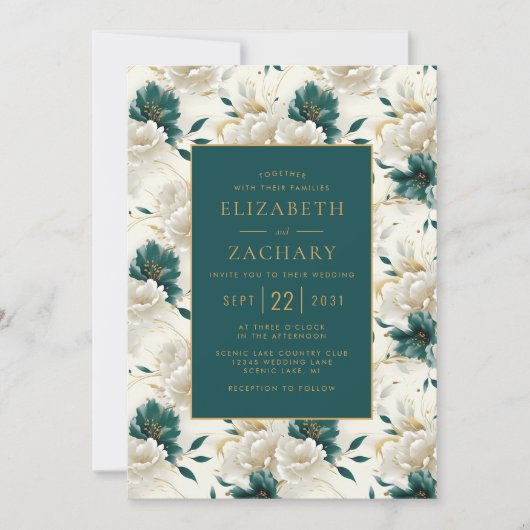 Delicate Bloemen Ivoor Blauwgroen Goud Bruiloft Kaart (Voorkant)