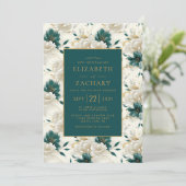 Delicate Bloemen Ivoor Blauwgroen Goud Bruiloft Kaart (Staand voorkant)