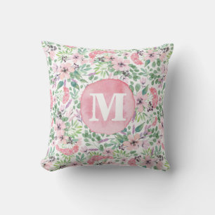 Delicate Bloemen Lila roze blush groen monogram Kussen