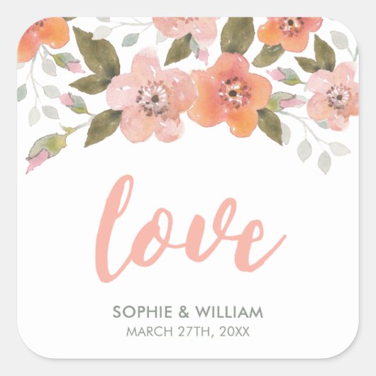 Delicate Bloemen Perzik Bruiloft Liefde Vierkante Sticker (Voorkant)