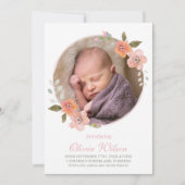 Delicate Bloemen Roze Baby Aankondiging Foto (Voorkant)