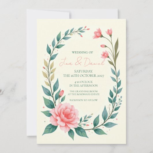 Delicate Bloemenkrans Uitnodiging (Voorkant)