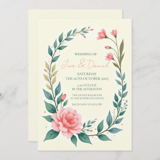Delicate Bloemenkrans Uitnodiging (Voorkant / Achterkant)