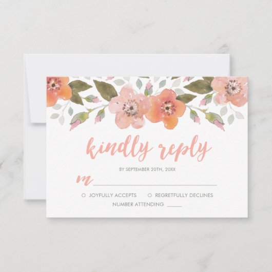 Delicate Bloemenperzik bruiloft vriendelijk antwoo RSVP Kaartje (Voorkant)