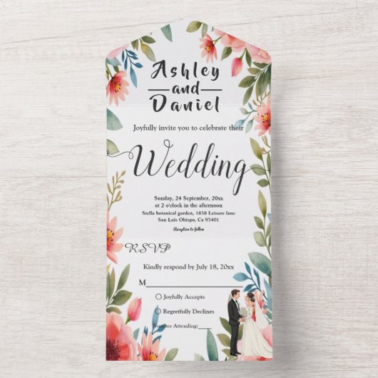 Delicate Bloementuin Bruid Bruidegom Zomer Huwelij All In One Uitnodiging (Binnen)