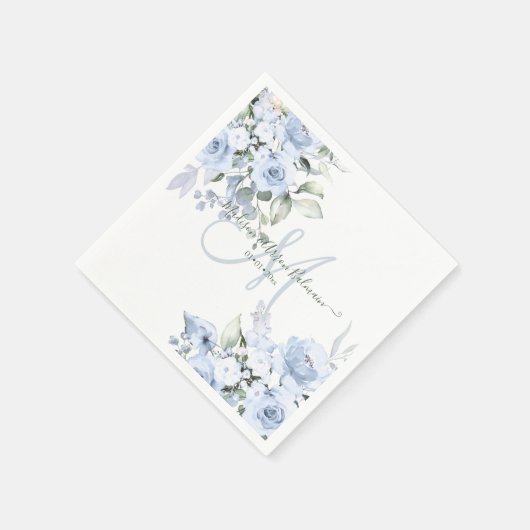 Delicate Bloom Waterverf Dusty Blue Monogram Servet (Hoek)