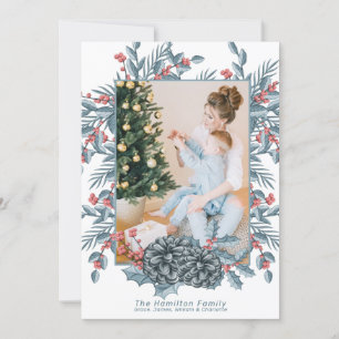 Delicate Blue Berry Pine Cone kerstfoto Feestdagenkaart