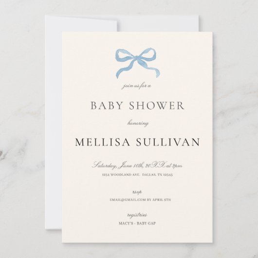 Delicate Blue Bow Baby shower Kaart (Voorkant)