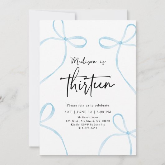 Delicate Blue Bow Coquette 13e verjaardag Kaart (Voorkant)