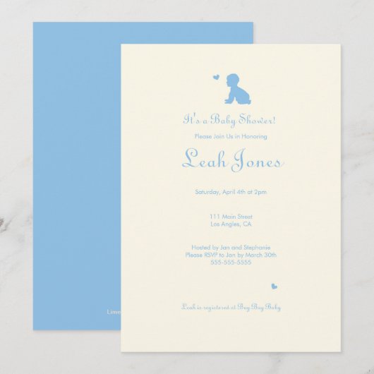 Delicate Blue Boy Baby shower Invitation Kaart (Voorkant / Achterkant)