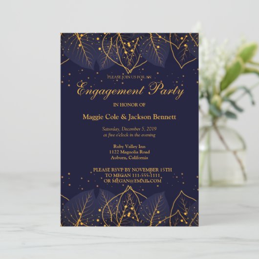 Delicate Blue en Gold Leaves Invitation Kaart (Staand voorkant)