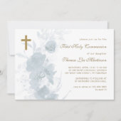 Delicate Blue Floral met kruis Heilige Communie Kaart (Voorkant)