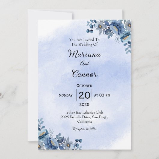 Delicate Blue Floral Wedding Invitation Kaart (Voorkant)