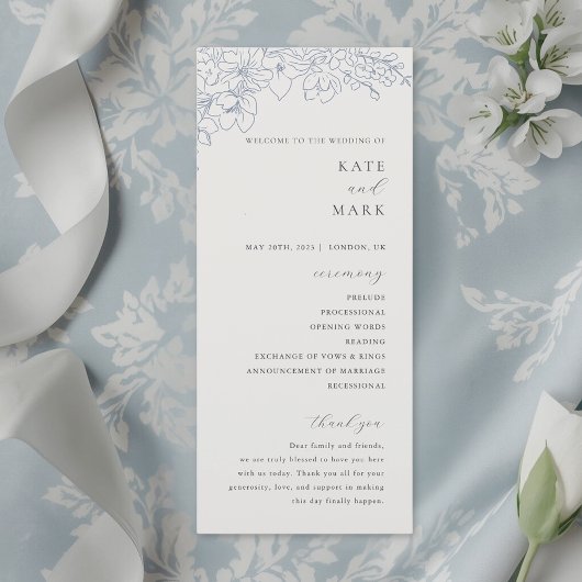 Delicate Blue Floral Wedding Programmakaart