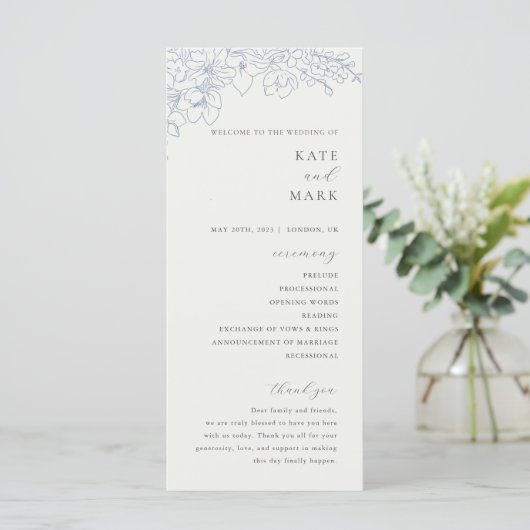 Delicate Blue Floral Wedding Programmakaart (Staand voorkant)