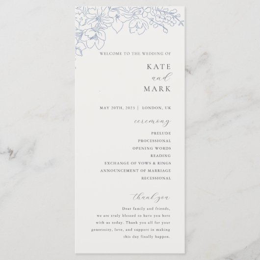 Delicate Blue Floral Wedding Programmakaart (Voorkant)