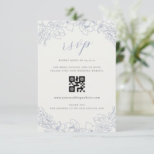 Delicate Blue Floral Wedding QR code RSVP (Staand voorkant)