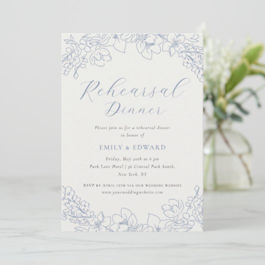 Delicate Blue Floral Wedding Rehearsal Dinner Kaart (Staand voorkant)