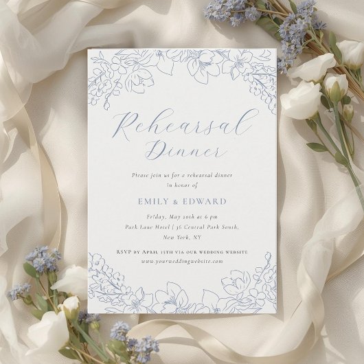 Delicate Blue Floral Wedding Rehearsal Dinner Kaart