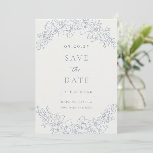 Delicate Blue Floral Wedding Save The Date (Staand voorkant)