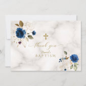 Delicate Blue Gold Flowers Gold Cross-Baptisme Bedankkaart (Voorkant)