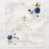 Delicate Blue Gold Flowers Gold Cross-Baptisme Wijn Etiket (Enkel label)