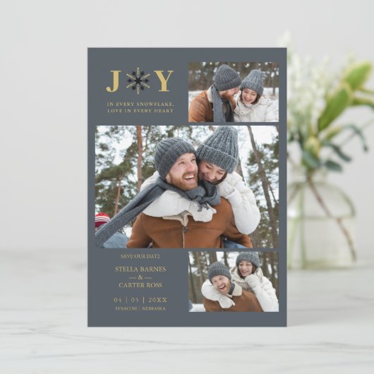 Delicate Blue & Gold SnowFlake 3 Photos Collage Save The Date (Staand voorkant)
