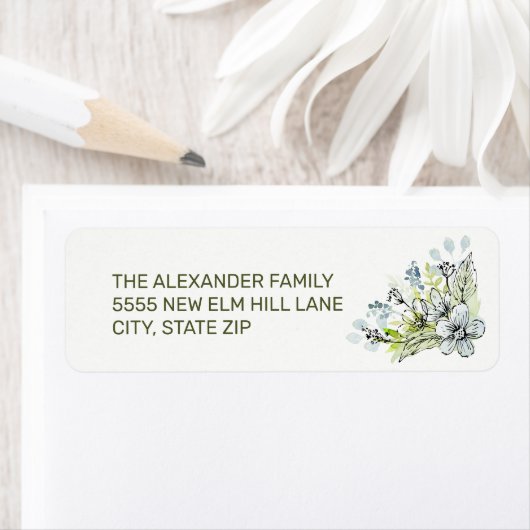 Delicate Blue Green Hand Drawn Waterverf Flowers Etiket (Insitu)