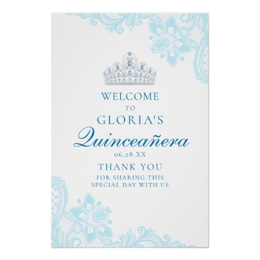 Delicate Blue Lace Quinceanera Welcome Sign Perfect Poster (Voorkant)