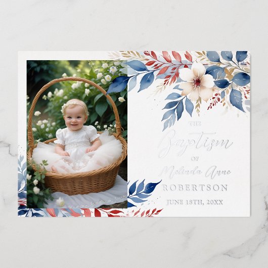 Delicate Blue & Red Shades Floral Botanical Posies Folie Uitnodiging (Voorkant)