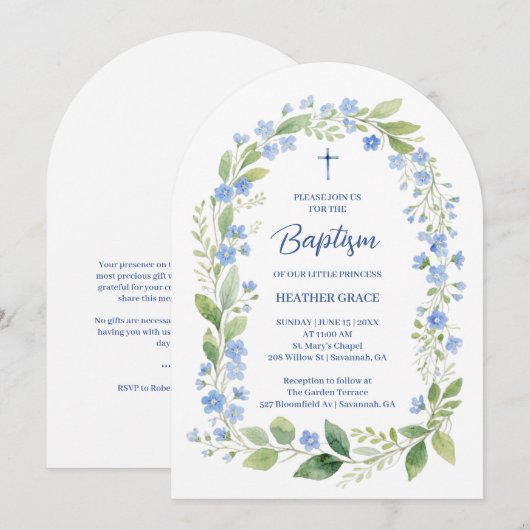 Delicate Blue Shades Floral Frame Arch Baptisme Kaart (Voorkant / Achterkant)