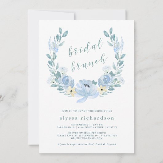 Delicate Blue | Waterverf Bloemen Bruids Brunch Kaart (Voorkant)